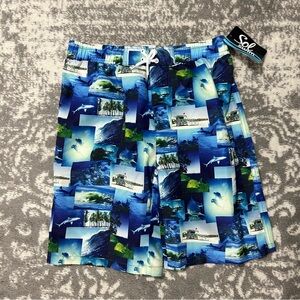 Sol Swim Boys Blue Memoirs Print Board Swim Shorts NWT 10/12